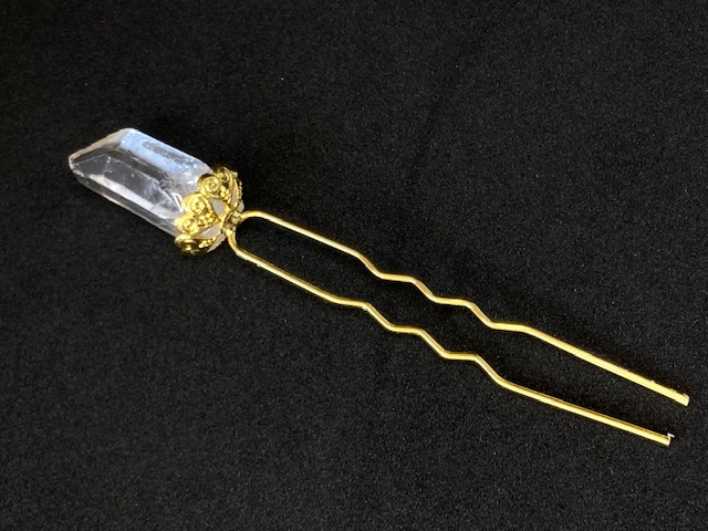 gold bobby pin with clear quartz