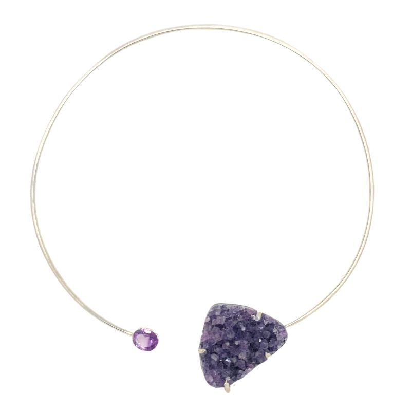2 stone raw + faceted amethyst silver choker