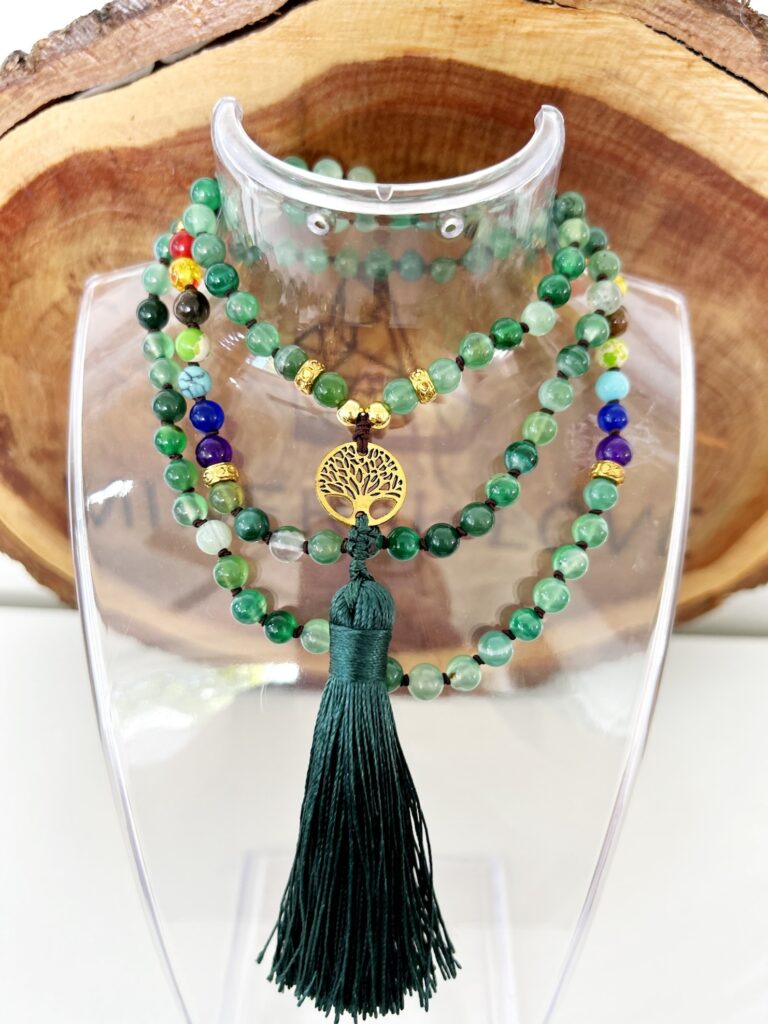 Green Agate Mala bead stretchy with gold tree of life charm – Mineral Love